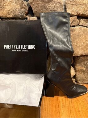 PRETTYLITTLETHING Black Over-The-Knee Block Heel Boots
